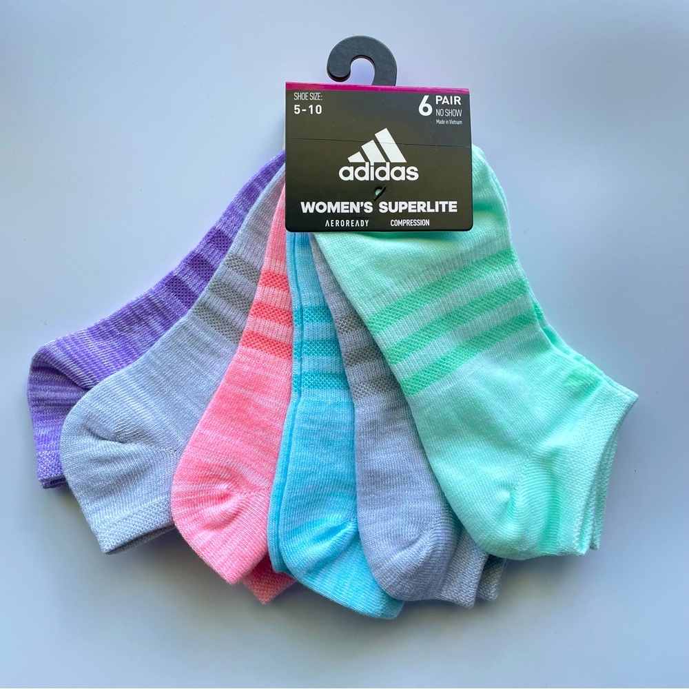 Adidas women’s no show socks 6 pairs size 5-10 gray green blue orange purple - Picture 1 of 1